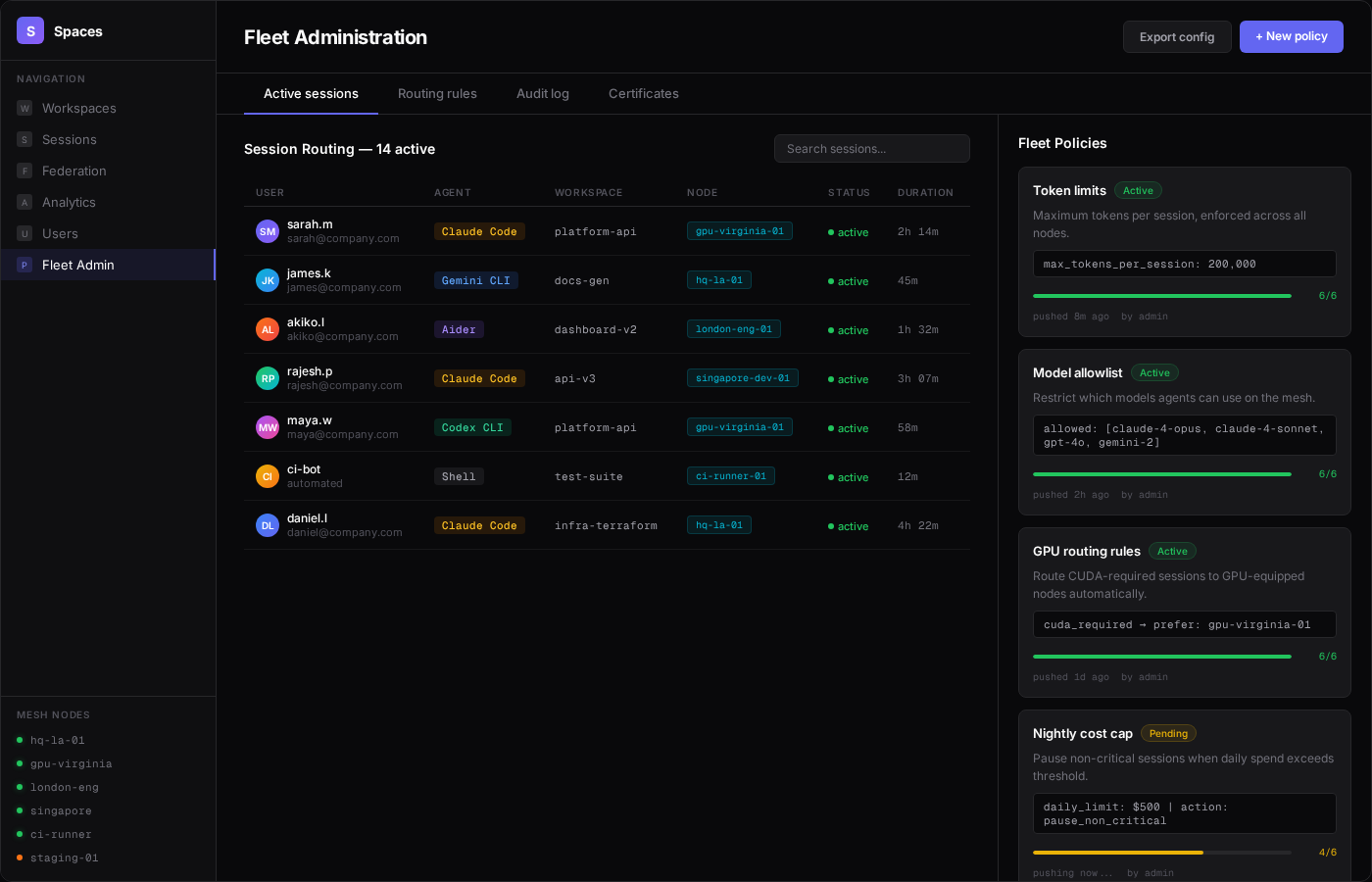 Spaces fleet administration panel with API key management and node configuration