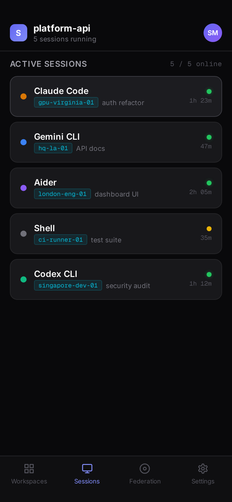 Spaces mobile workspace showing 5 active AI agent sessions across 4 server regions